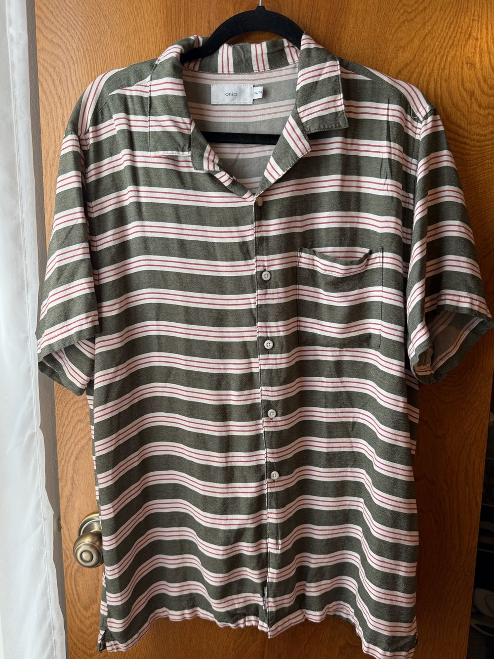 Onia Olive and Red Striped Short-Sleeve Camp Shirt
